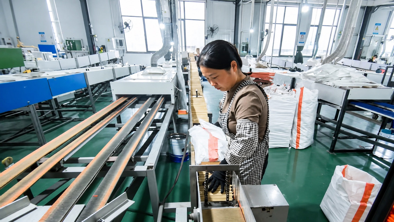 Bright clean pencil manufacturing workshop with organized production line and material handling