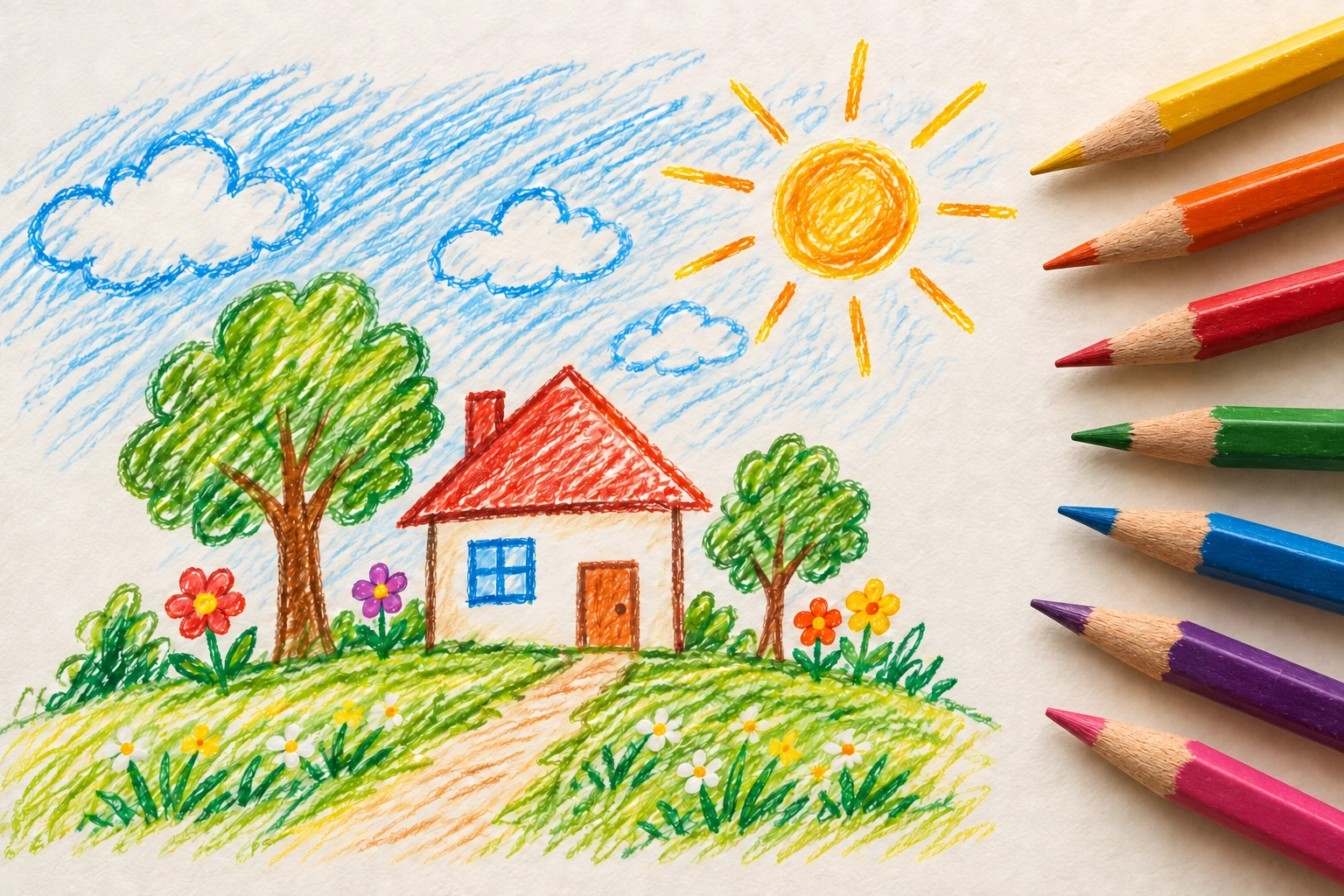 Wooden colored pencils arranged beside a colorful drawing of a house, trees and sun